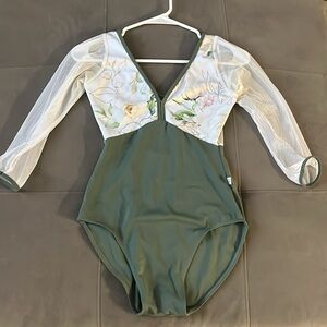 3/4 Sleeve Women’s ballet leotard. White mesh with Green trim and lower bodice.
